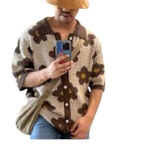 Massive Luxury Cardigan Sweater men's Short Sleeve Brown Floral Crochet size XL